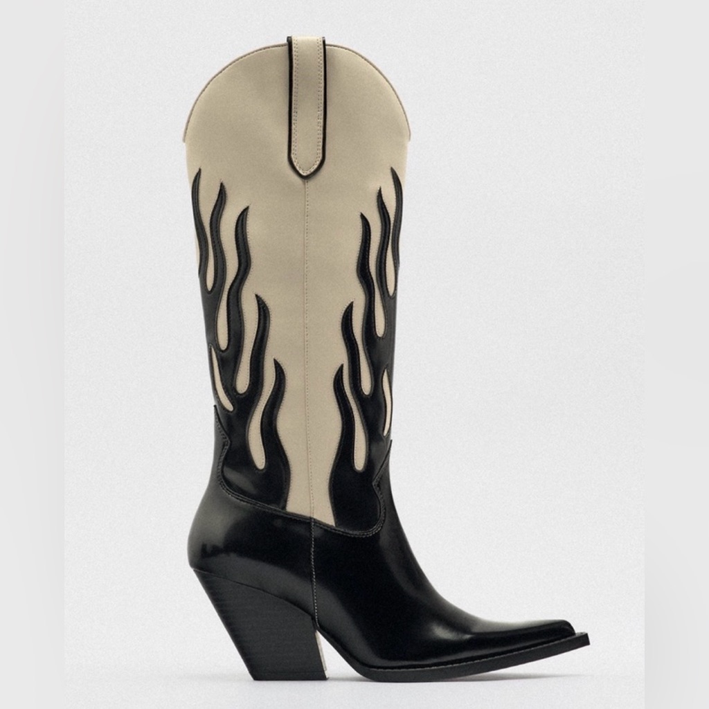 Nwt! Zara Women's Two-Tone Flame Western Boots - Black & Cream